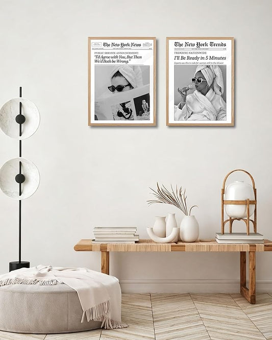 EcoHest 12x16 in Beige OAK Wood Framed Wall Art, Trendy Newspaper I'll Be Ready in 5 Minutes Print, Feminist Makeup Canvas Wall Art Home Decor, Retro Bathroom Decor, Set of 1 For Bedroom Living Room