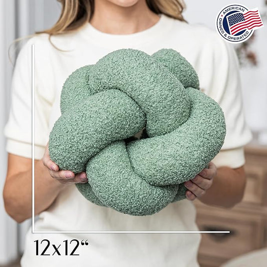 SAMIAH LUXE Sage Green Teddy Boucle Knot Pillow Ball 12", Permanently Stitched Knotted Decorative Throw Pillow, Natural Kapok Fill, Round Accent Pillow for Couch Sofa Bed, Boho Home Decor
