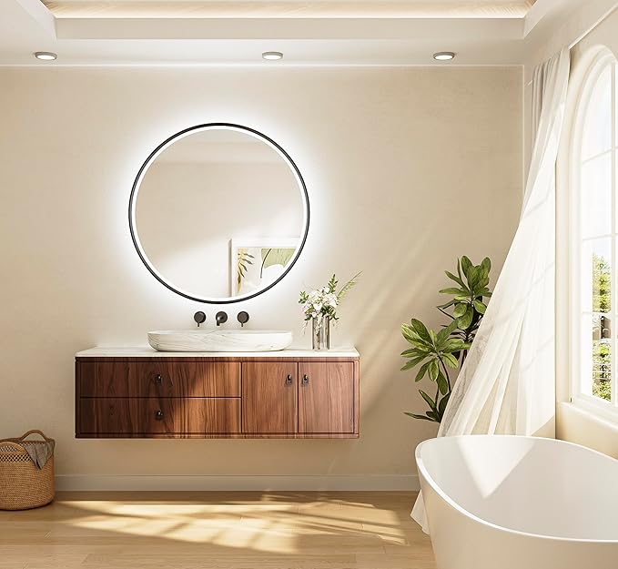 TETOTE Round Led Lighted Bathroom Mirror Matte Black Frame 36 Inch Front and Backlit Circle Round Light up Vanity Mirror with Lights, 3 Color Illuminated Dimmable Anti Fog Wall Mount, IP54 CRI 90+