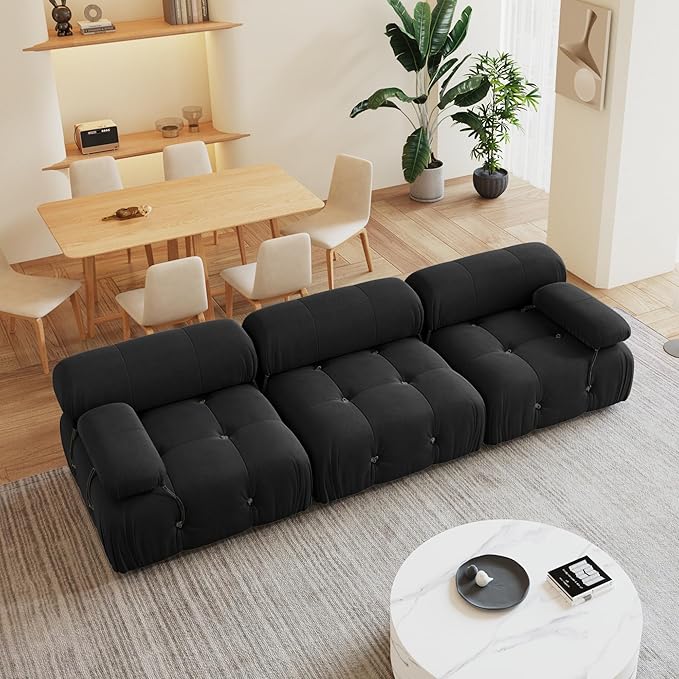 104'' Modular Sectional Sofa, Modern Luxury Velvet Bubble Couch, Deep Seat Cloud Sectional Black Couches for Living Room, Apartment (3 Seats, Black)