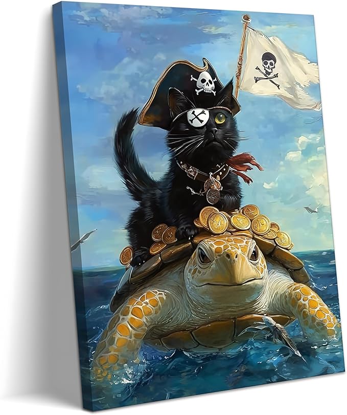 Framed Pirate Cat Wall Art Canvas Print, Funny Black Cat Riding Turtle Ocean Adventure Poster, Cute Animal Fantasy Painting Picture for Kids Room Bedroom Living Room Home Decor 16x24 Inch