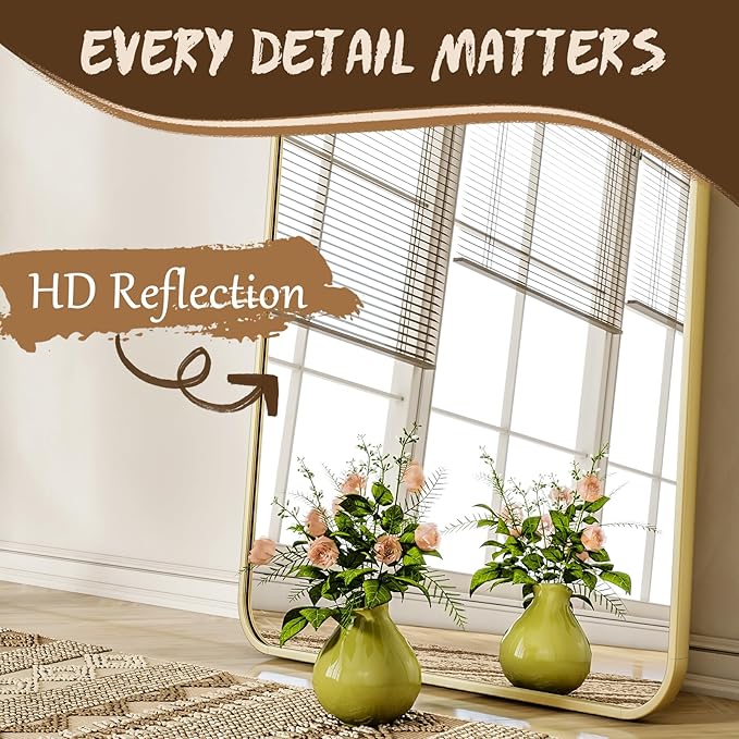 XRAMFY 76"x34" Floor Full Length Mirror Standing Full Body Rounded Corner Rectangle Mirrors with Stand Hanging Wall Mounted Leaning Bedroom Living Room Bedroom Cloakroom,Gold
