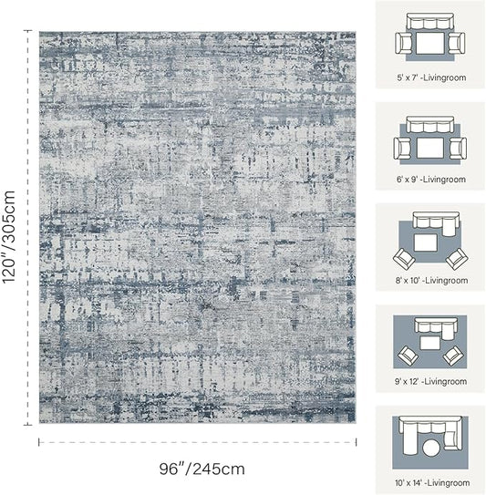 Rugxara Blue Grey 8x10 Area Rugs,Large Soft Rugs for Living Room, Blue Washable Rug, Modern Abstract Rugs for Bedroom Dining Room, Non-Slip Foldable Thin Indoor Carpet Stain Resistant(Blue Grey)
