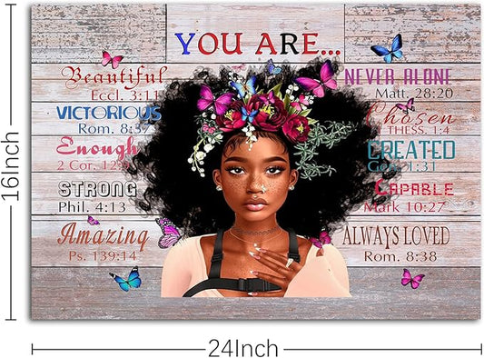WOWGOOMO Vintage African American Women Wall Art Fashion Black Girl Portrait Canvas Pictures You Are Bible Quotes Poster for Living Room Bedroom Home Office Framed Inspirational Gift for Women 16"x24"