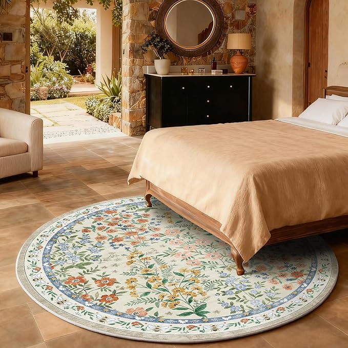 Washable Round Rugs for Bedroom 4ft: Living Room Rug Stain Resistant Non Slip Low Pile Ultra Soft Faux Wool Small Circle Rugs for Entryway Kitchen Bathroom Nursery Dorm Home Office Entrance Indoor