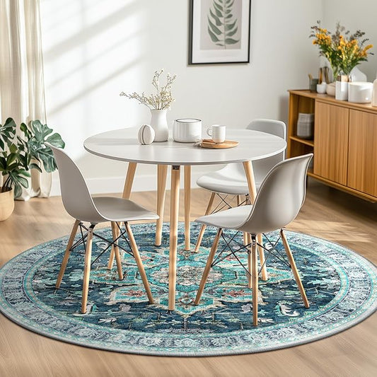 BESTSWEETIE 8ft Area Rug Washable Rugs for Living Room, No Pile Boho Carpet for Entryway Bedroom Dinning Room, Vintage Carpet Print Distressed Non-Slip, 96" Round, Teal Dark Green