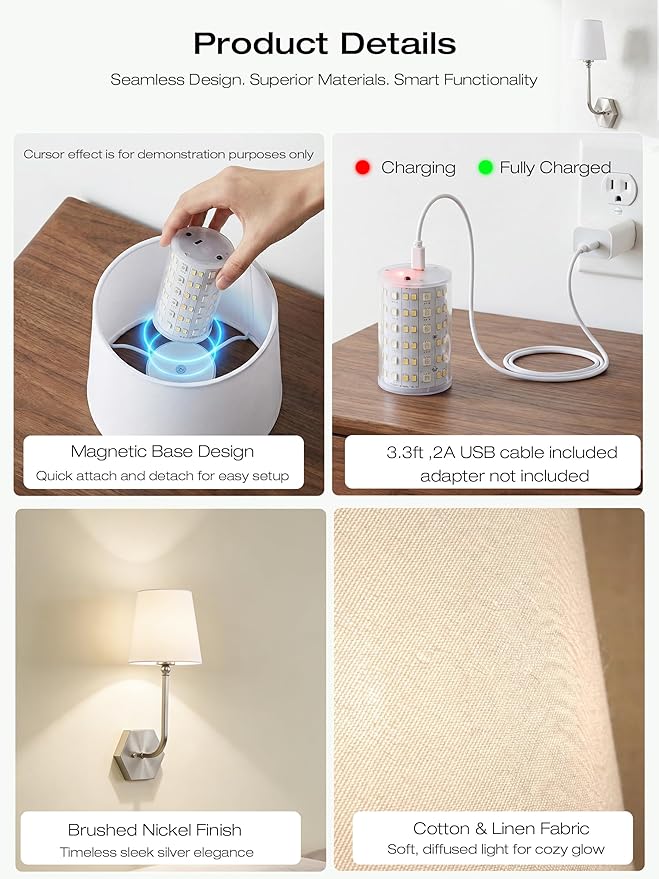 CLOUDY BAY 10000mAh Battery Operated Wall Sconces,Up to 100 Hours with Rechargeable RGB Dimmable Magnetic Bulb,Cordless Wall Lighting Fixtures with Remote for Bedroom,Brushed Nickel,2 Pack-17.9inch
