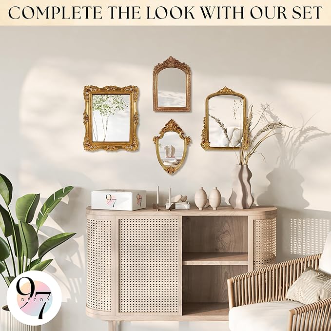 97 Decor Decorative Gold Wall Mirror Vintage Decor - Small Antique Mirror for Table Top and Wall Mounting, Ornate Vintage Mirrors Frame for Home, Bedroom, Makeup Room (11.6x9 Inch)