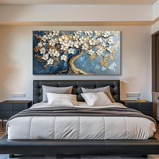SERIMINO Gold Tree of Life Large Wall Art, Abstract Tree Oil Painting Art Prints, Cherry Blossom Flower Canvas Art Wall Decor, Modern Aesthetic Wall Pictures for Living Room Bedroom Office 29"X57"