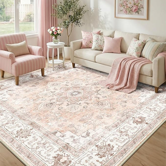 CAPALOCA Machine Washable Rugs Nursery Rug Sq6ft Cute Girl Non Slip Low Pile Water Repellent Soft Print Pattern for Bedroom Indoor Decor Kids Playroom Pink