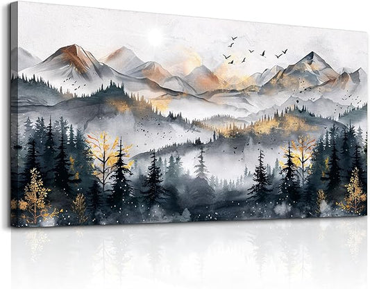 KELIYUAN Abstract Wall Decor Large Wall Art For Living Room Office Decoration Ink Mountain Landscapes Wall Painting Misty Forest Pictures Bedroom Canvas Artwork Ready To Hang Home Decor 24"x48"