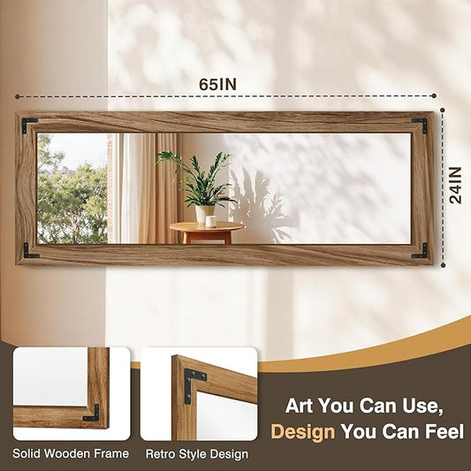 FICTOR Wooden Full Length Mirror, 65"x24" Solid Wood Frame Floor Mirror, for Farmhouse, Bedroom, Living Room, Entryway Decor, Leaning or Hanging