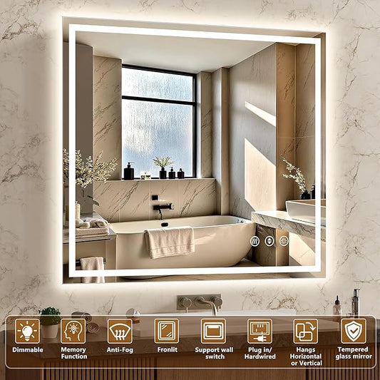 60x36 Inch LED Lighted Bathroom Mirror - Anti-Fog Vanity Mirror with Dimmable Front & Backlit, 3 Color Temp, Smart Memory - Shatterproof HD Glass, IP54 Waterproof Wall Mounted for Makeup Shaving