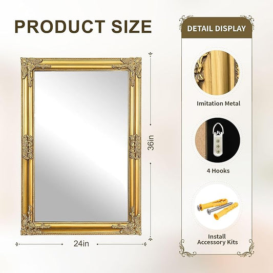 Vintage Gold Mirror for Wall, 24"x36" Antique Decorative Ornate Baroque Mirror for Living Room, Entryway, Bathroom, Fireplace