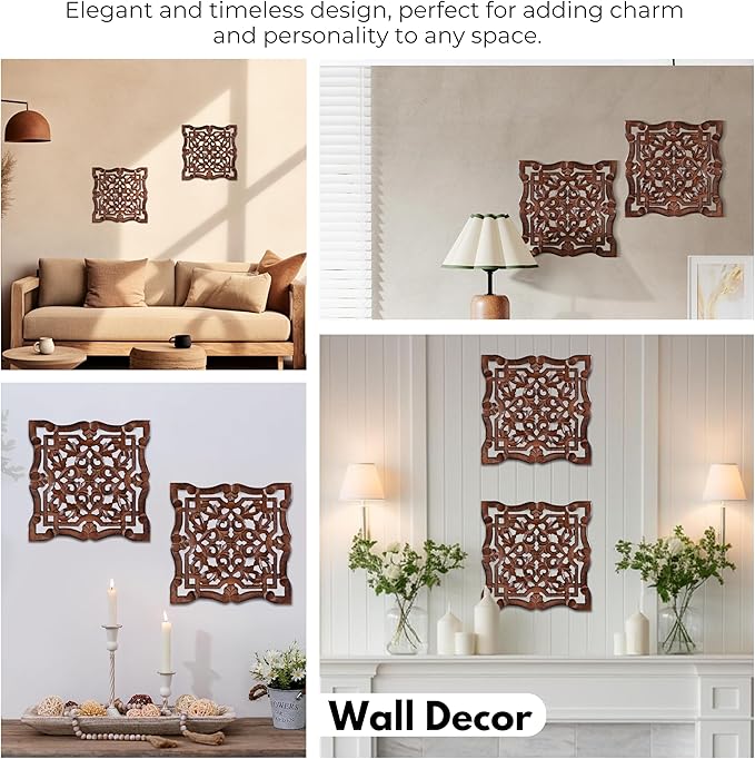 Wall Panels for Living Room & Bedroom – Hand-Carved Decorative Wood Wall Art Set of 6, 12x12" Natural Burnt Finish, Rustic Home Décor,Elegant Decorative Wall Art for Home & Office