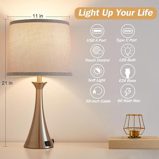 Touch Lamp for Living Room Bedroom, 21" Table Lamps Set of 2 with USB C+A Ports and Grey Lamp Shades, Touch Bedside Lamps for Nightstand with 3 Way Dimmable, 2 LED Bulbs Included, Silver