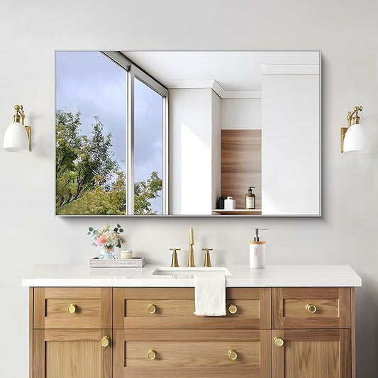 KOCUUY Silver Bathroom Mirror, 48"x30" Rectangle Bathroom Mirror for Wall, HD Tempered Glass, Anti-Rust Brushed Silver Frame, Modern Design for Bathroom, Bedroom, Living Room, Entryway.