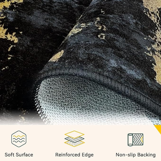 RELEANY Washable Area Rugs Square 9ft Non-Slip Modern Abstract Soft for Living Room Entryway Bedroom Nursery, Print Pattern, Dark Black Gold