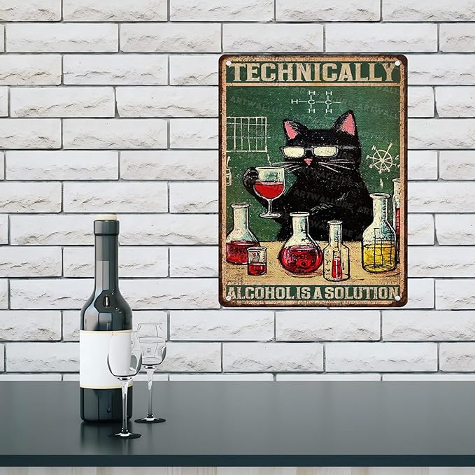 Funny Bar Signs "Technically Alcohol is a Solution" Black Cat Metal Decor for Pub Tavern & Man Cave 12x16Inch