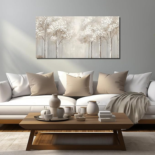 ANCXWOTER Large Forest Wall Art for Living Room Light Grayish-White Misty Birch Tree Picture for Bedroom Office Modern Landscapes Canvas Prints Ready to Hang 20x40 Inch(This color is a kind of light beige with a hint of gray, misty and dim.)