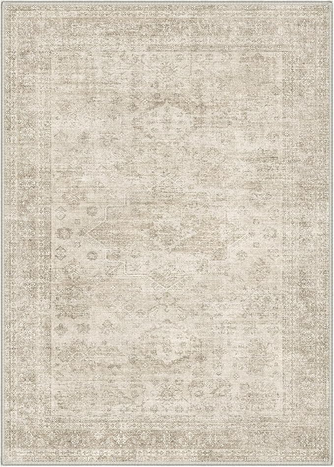 GENIMO 6x9 Area Rugs for Living Room, Machine Washable Non Slip Vintage Rugs, Low Pile Lightweight Chenille Print Rug for Bedroom, Dining Room, Home Office, Ivory