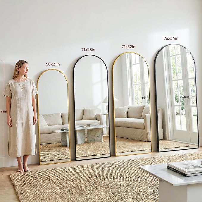Antok Full Length Floor Mirror Arched Standing Mirror with Aluminum Frame - Freestanding Wall Mount Leaning Body Mirror for Bedroom Living Room Entryway, 71" L x 32" W, Black