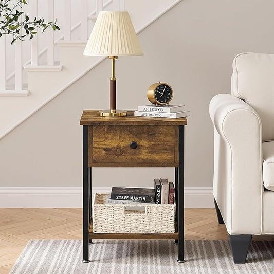 VECELO Nightstand,Modern Bedside End Tables, Night Stand with Drawer and Storage Shelf for Living Room Bedroom, Industrial Metal Frame