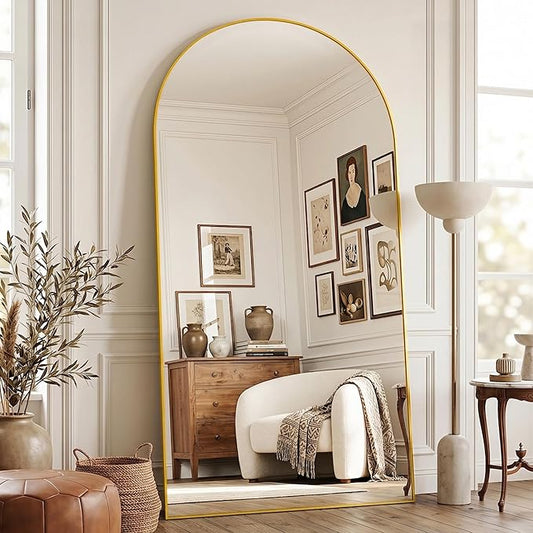 Full Length Mirror, 41"x81" Arched Floor Mirror Freestanding, Floor Standing Full Body Mirror with Stand for Bedroom, Hanging Mounted for Living Room Cloakroom, Gold