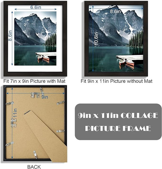 Hongkee 9x11 Picture Frame with Real Glass - Display Pictures 7x9 with Mat or 9x11 without Mat, Photo Frame for Wall or Table Top Display(Black, 3 Pack)
