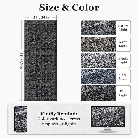 Vintage Dark 2x5 Rug Runners for Hallways, Non Slip Machine Washable Kitchen Runner, Low Pile Lightweight Carpet Runner for Entryway/Bathroom/Corridor/Laundry Room, Midnight