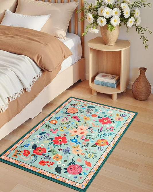 Macgace 2x3 Small Floral Rug for Entryway, Flowers Printed Washable Rugs with Non Slip Backing for Girls Bedroom Kitchen, Cute Throw Carpet Front Door Entry Decor, Light Green