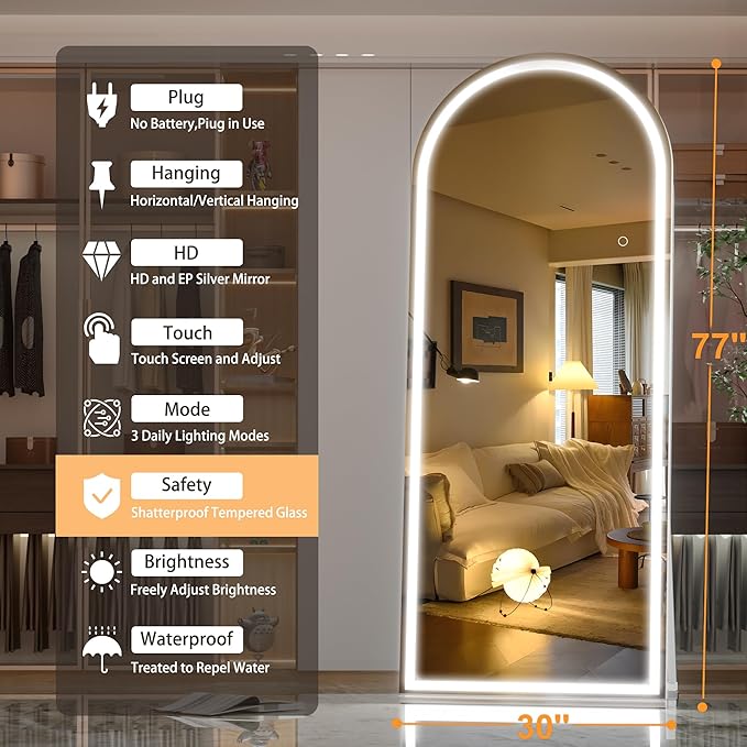 Hasipu 77" x 30" Led Mirror Full Length, Full Length Mirror with Lights Arch Design,Tempered Glass,Shatter-Proof, Dimming & 3 Color Modes for Bedroom Cloakroom-UL