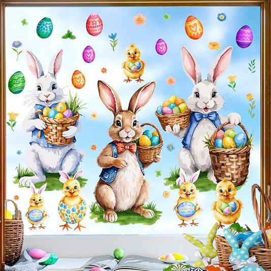 Easter Window Decoration Clings Bunny Decals for Glass Window Double-Side Vintage Bunny Decal Removable Easter Eggs Chick Rabbit Stickers for Living Room Kids Bedroom Nursery Spring Holiday Supplies