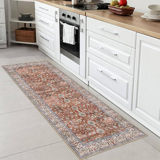 KUTA Runners for Hallways 2x6, Vintage Floral Rug Non-Slip Washable Kitchen Rugs Red Clay Ultra Thin Soft Printed Retro Distressed Flower Carpet Entryway Rugs for Bedroom Laundry Nursery