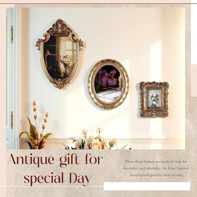 Wonderjune 7 Pcs Vintage Picture Frames Set with Glass Front Antique Gold Gallery Wall Frames 7x9 6x8 5x7 4x6 2x3, Baroque for Home Decor Photography Props Gifts, Wall or Tabletop (Classical)