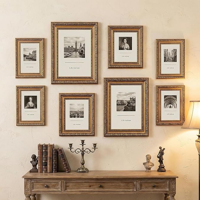 Novabright 8 Pcs Bronze Vintage Picture Frames Gallery Wall Frame Set Antique Collage Photo Decor for Wall Mounting or Tabletop Display Multi Sizes 8x10, 5x7, 4x6 for Gallery Living Room