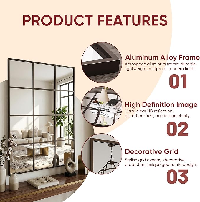 Suidia Wall Mirror, 36" x 40" Window Decorative Mirrors, Metal Framed Wall Decor Wall-Mounted Mirrors for Bedroom, Living Room, Entryway, Bronze