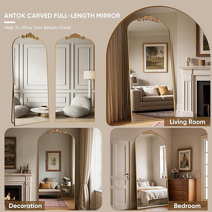 Antok Arched Full Length Mirror, 76"x34" Floor Mirror with Carved, Full Body Mirrors for HomeDecor, Standing/Halling Large Wall Mirror for Bedroom, Living Room, Cloakroom, Gold, Retro Style