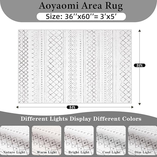 Area Rug 3x5 Geometric Rug: Washable Boho Moroccan Rugs Soft Farmhouse Rug, Modern Neutral Stain Resistant Indoor Floor Carpet for Livingroom Bedroom Dining Table Nursery(Dark Grey,3X5)