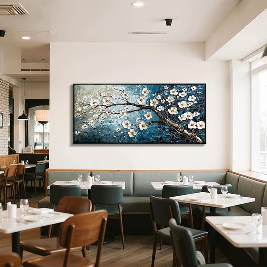 crmotu Large Plum Blossom Wall Art, Japanese Teal Tree Oil Paintings Prints Framed Artwork, Modern Blue Tree Pictures Wall Decor Living Room Bedroom Home Office, 32"x71"