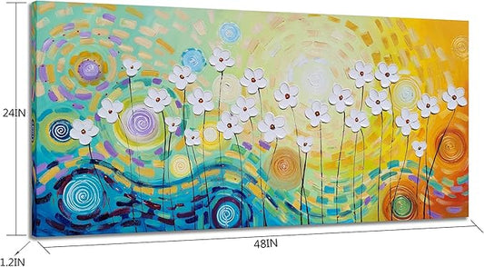 YHSKY ARTS White Flower Oil Paintings with Hand Painted Textured Modern Colorful Canvas Wall Art Contemporary Botanical Pictures Abstract Aesthetic Artwork for Living Room Bedroom Bathroom Decor