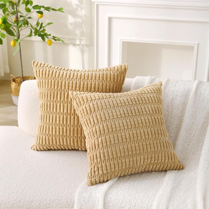 2 Pack Corduroy Decorative Throw Pillow with Inserts, 18x18 Inch Soft Boho Throw Pillow, Square Striped Throw Pillows for Couch, Bed, Sofa Decor (Golden Brown)