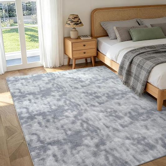 FinRèc 4x6 Washable Area Rugs for Bedroom Living Room, Low Pile Thin Ultra Soft Shag Rug, Non-Slip Carpet Indoor for Home Decor (Tie-dye Grey)
