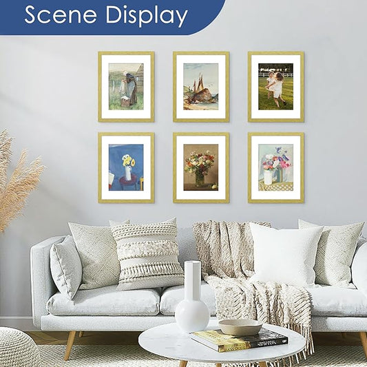PEALSN 8.5 x 11 Picture Frame Set of 6, Display Pictures 6x8 with Mat or 8.5 x 11 without Mat for Wall Mounting Display, Photo Frames Collage for Wall Decor, Gold