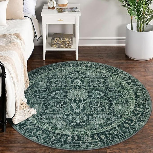 KOZYFLY Boho Round Rug 5 Ft Rugs for Entryway Washable Circle Rug Non Slip Doormat Printed Faux Wool Vintage Round Entryway Rug Floor Carpet Round for Entrance, Bedroom, Dark Green