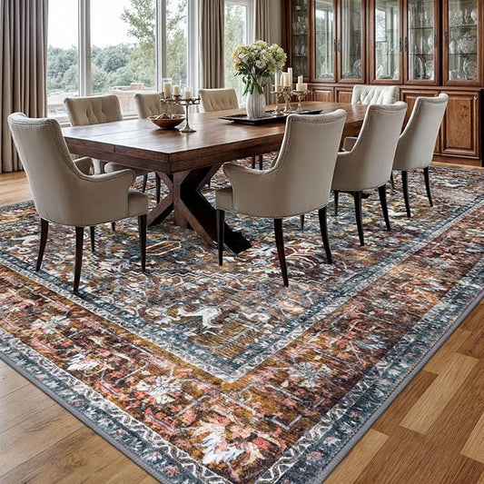 KOZYFLY Boho Area Rug 9x12 Ft Thin Rugs for Living Room Washable Bedroom Rug Non Slip Rugs Printed Faux Wool Vintage Bedroom Rug Floor Carpet for Dining Room Living Room, Brick Red/Orange/Green