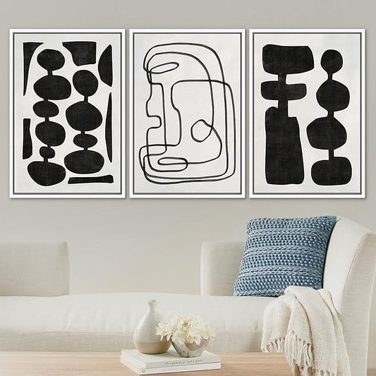 SIGNLEADER Framed Canvas Print Wall Art Set Retro Mid-Century Boho Duotone Collage Abstract Shapes Illustrations Minimal Decorative Bohemian Nordic for Living Room, Bedroom, Office - 16"x24"x3 White