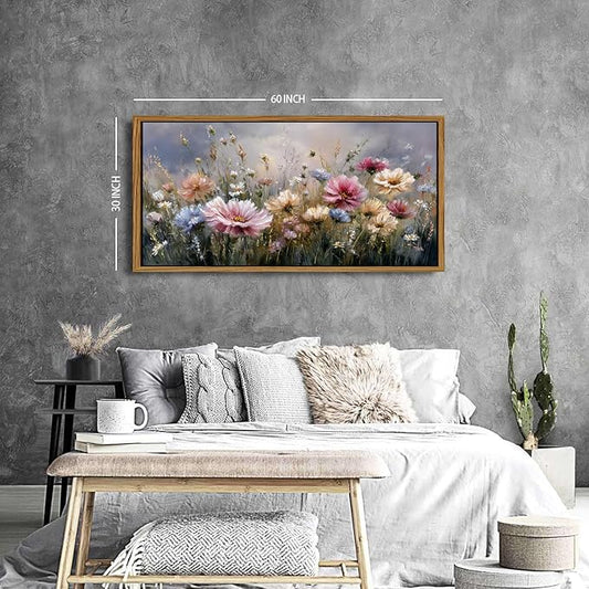 Colorful Pink Floral Wall Art Framed Bedroom Decor Abstract Nature Wildflower Picture Canvas Prints for Living Room Home Decorations, French Country Flower Painting Poster Farmhouse Artwork 30x57.8