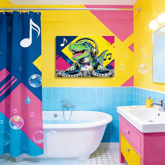 16x24 Pop DJ Dinosaur Canvas Wall Art Prints, Graffiti T-Rex Music Decor with Headphone & Turntable, Colorful Wall Painting for Teen Boy/Kids Bedroom, Child Home Painting Vibrant Hanging Game Poster