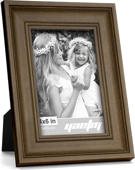 Yaetm 4x6 Picture Frame Set of 4, 1.4” Wide Molding & Brown Wood Grain Photo Frames with HD Tempered Glass, for Table Top & Wall Mounting (4 pack, Brown Wood Grain)